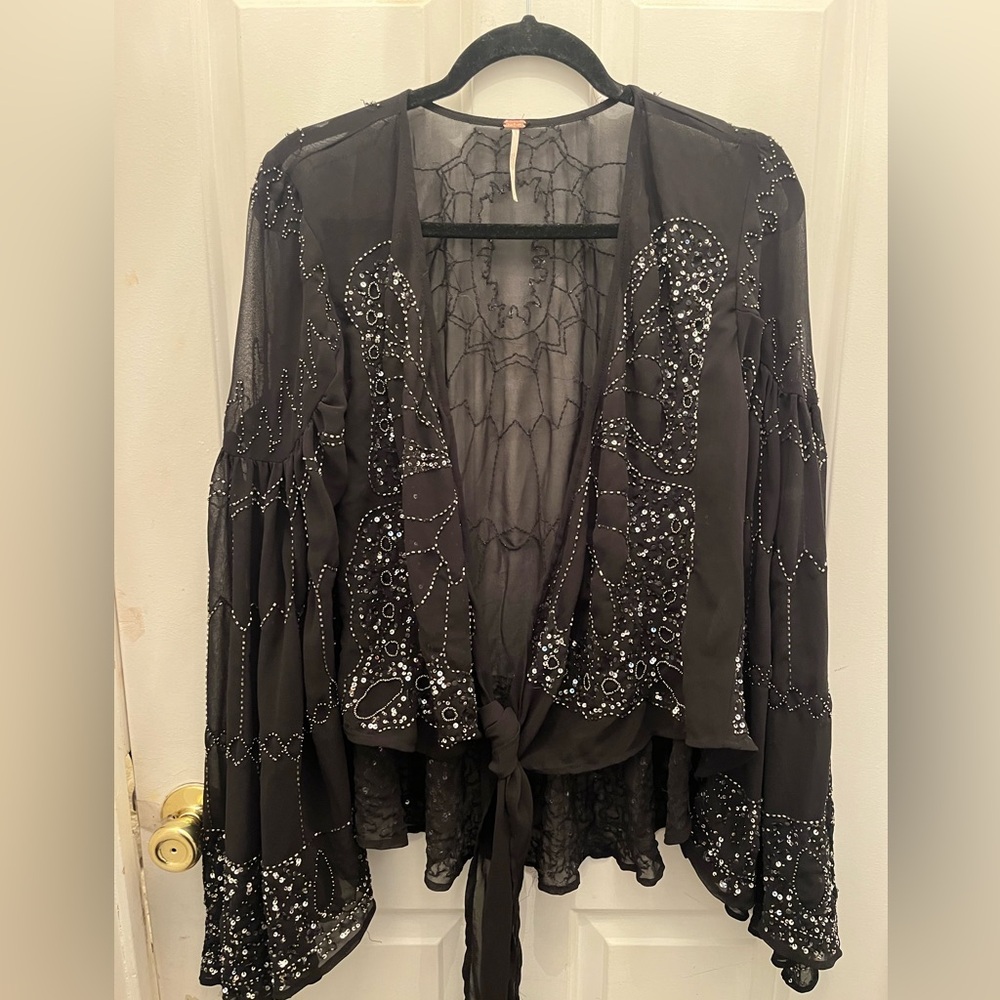 Free People rare Black Sheer Beaded Tie front top